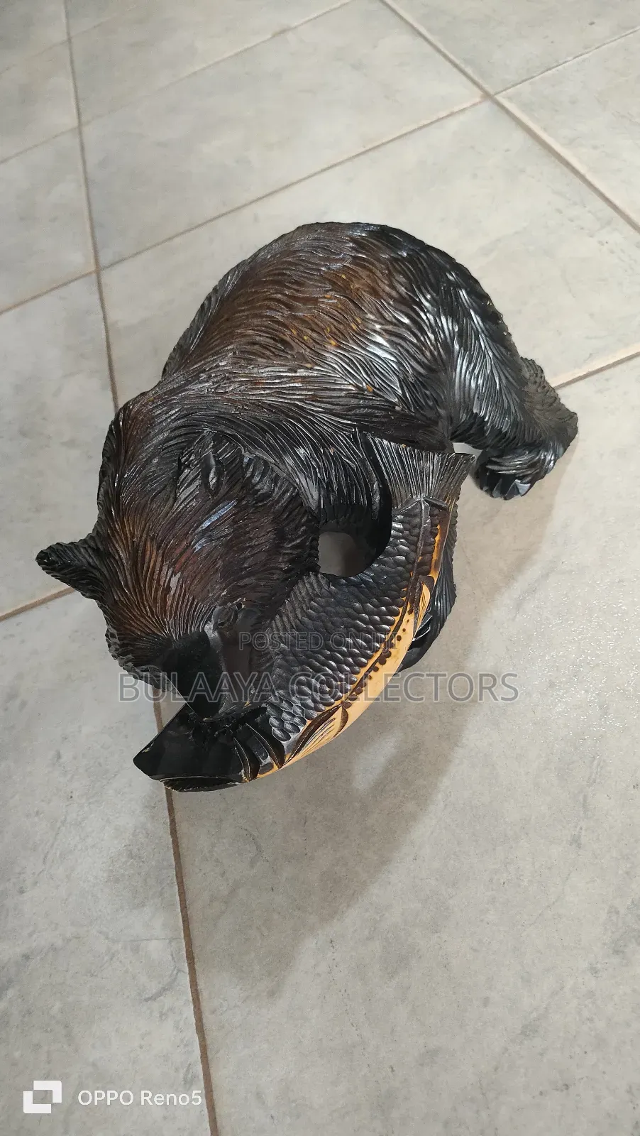 Vintage Japanese Ainu Hand-Carved Wooden Bear With a Salmon.