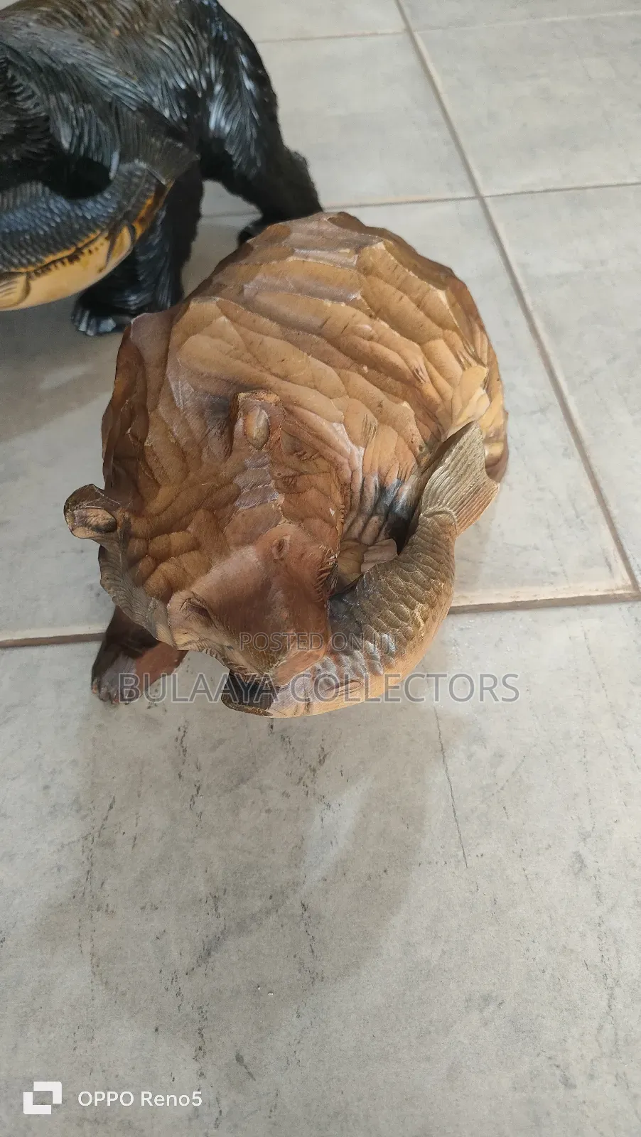 Hand-Carved Wooden Bear With a Fish, a Traditional Japanese Folk Craft