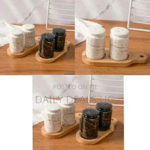 Artisan Ceramic Salt and Pepper Shaker Set With Bamboo Tray-Multicolor
