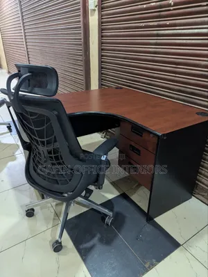 Curved Office Desk With Mesh Back Headrest Chair, Price for a Full Set