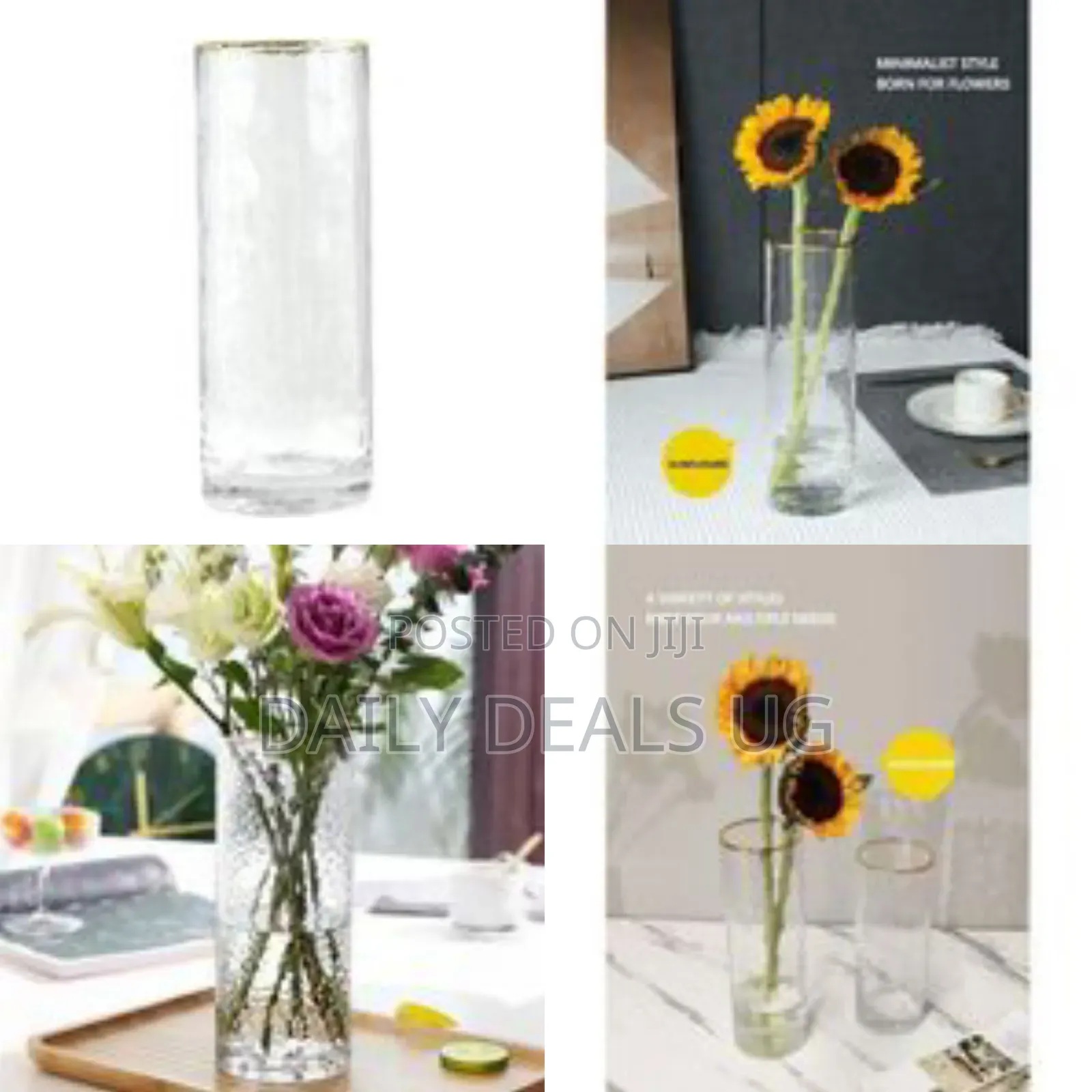 Elegant Textured Glass Cylinder Vase With Metallic Rim - Transparent