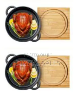 Premium Cast Iron Roasting Pan With Protective Wooden Base