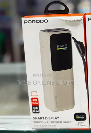 Porodo Smart Display 20000mah Power Bank With Built-in Type-C Cable -