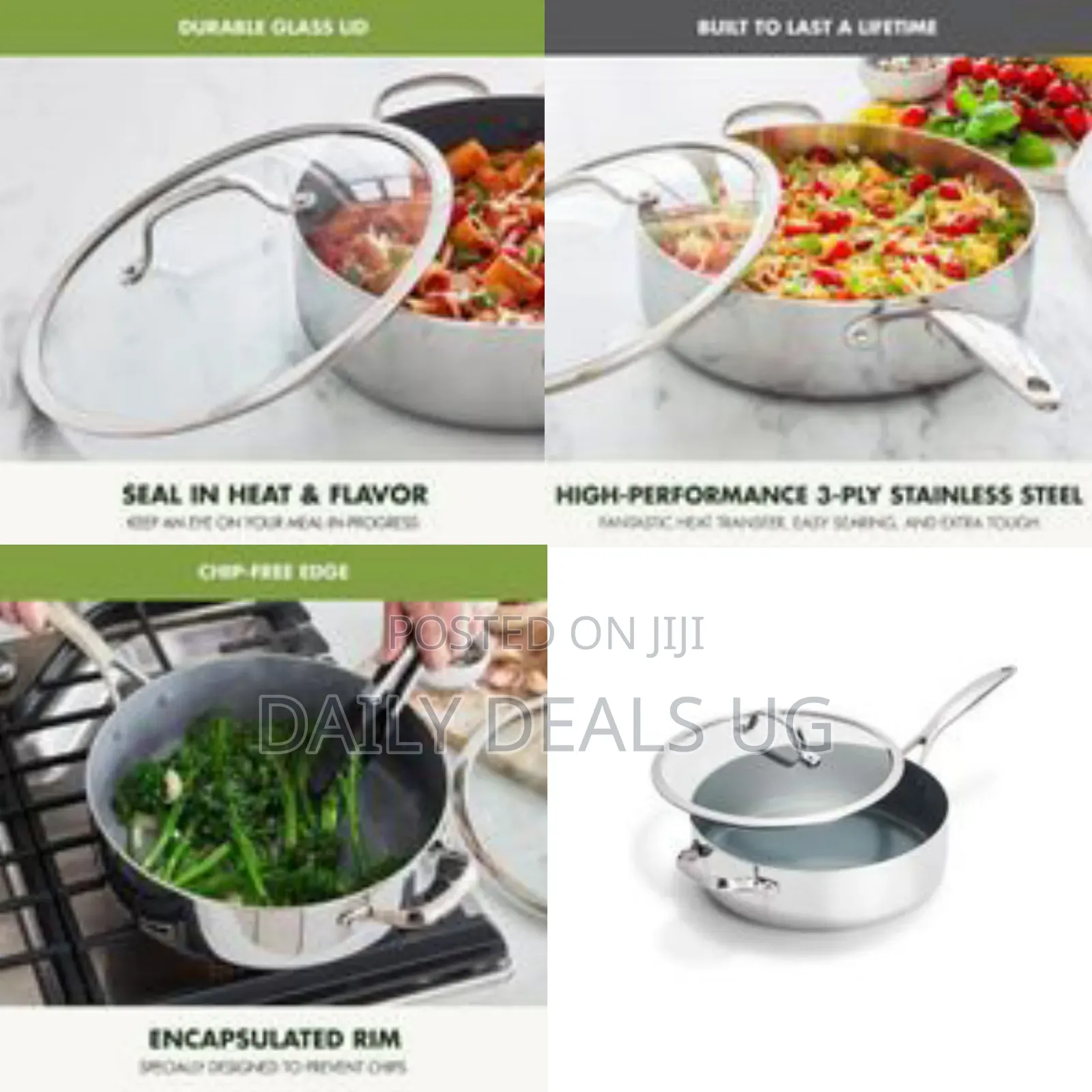 Premium Stainless Steel Sauté Pan With Tempered Glass Lid - Silver