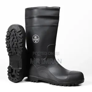 Black Pair Of Safety Gumboots With A Steel Toe Cap And A Pvc Upper.
