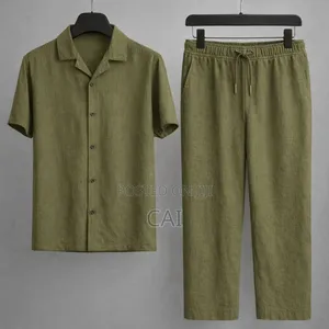 Fashionable Casual Cotton and Linen Shirt Men's Two Piece