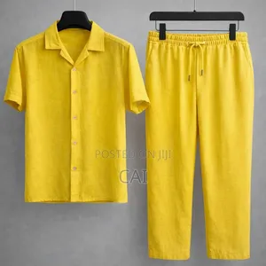 Fashionable Casual Cotton and Linen Shirt Men's Two Piece