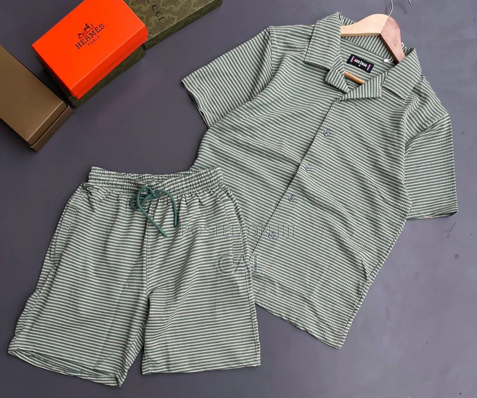 Serena Striped Short-Sleeve Button-Up Shirt and Matching Shorts Set.