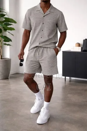 Serena Striped Short-Sleeve Button-Up Shirt and Matching Shorts Set.