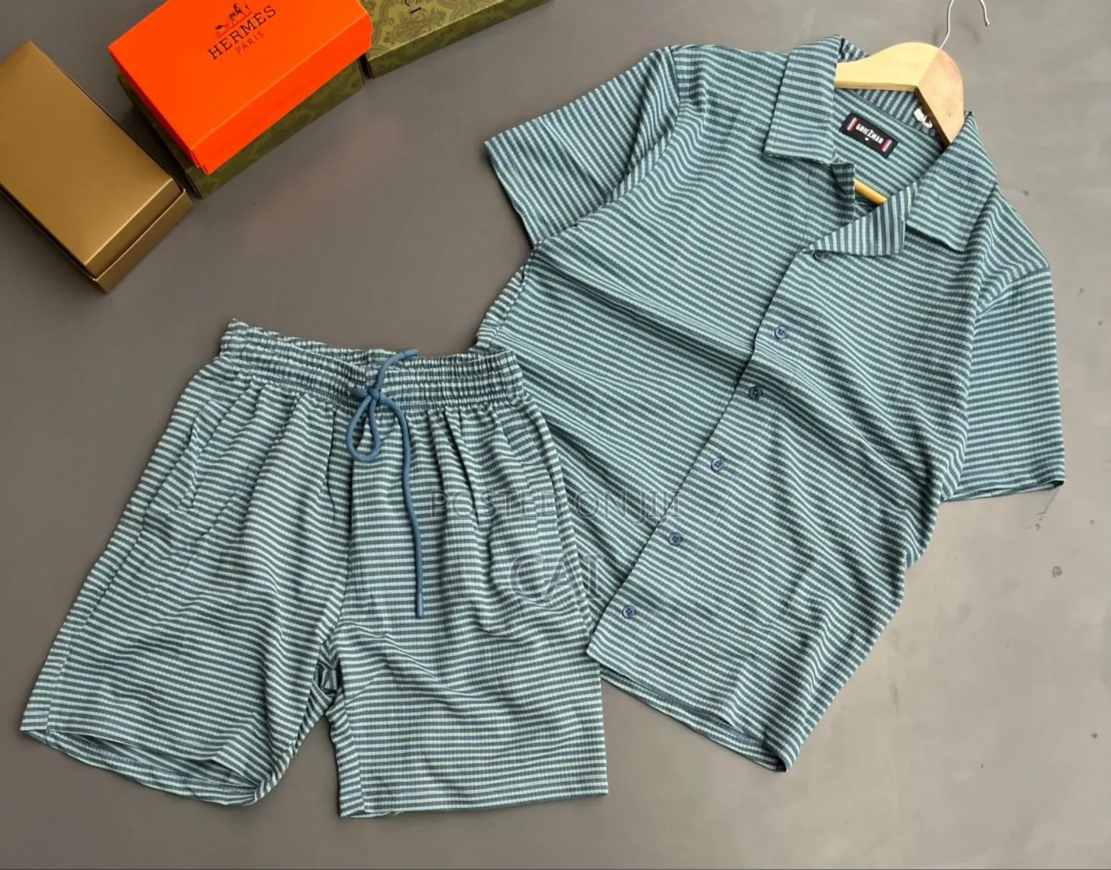Serena Striped Short-Sleeve Button-Up Shirt and Matching Shorts Set.