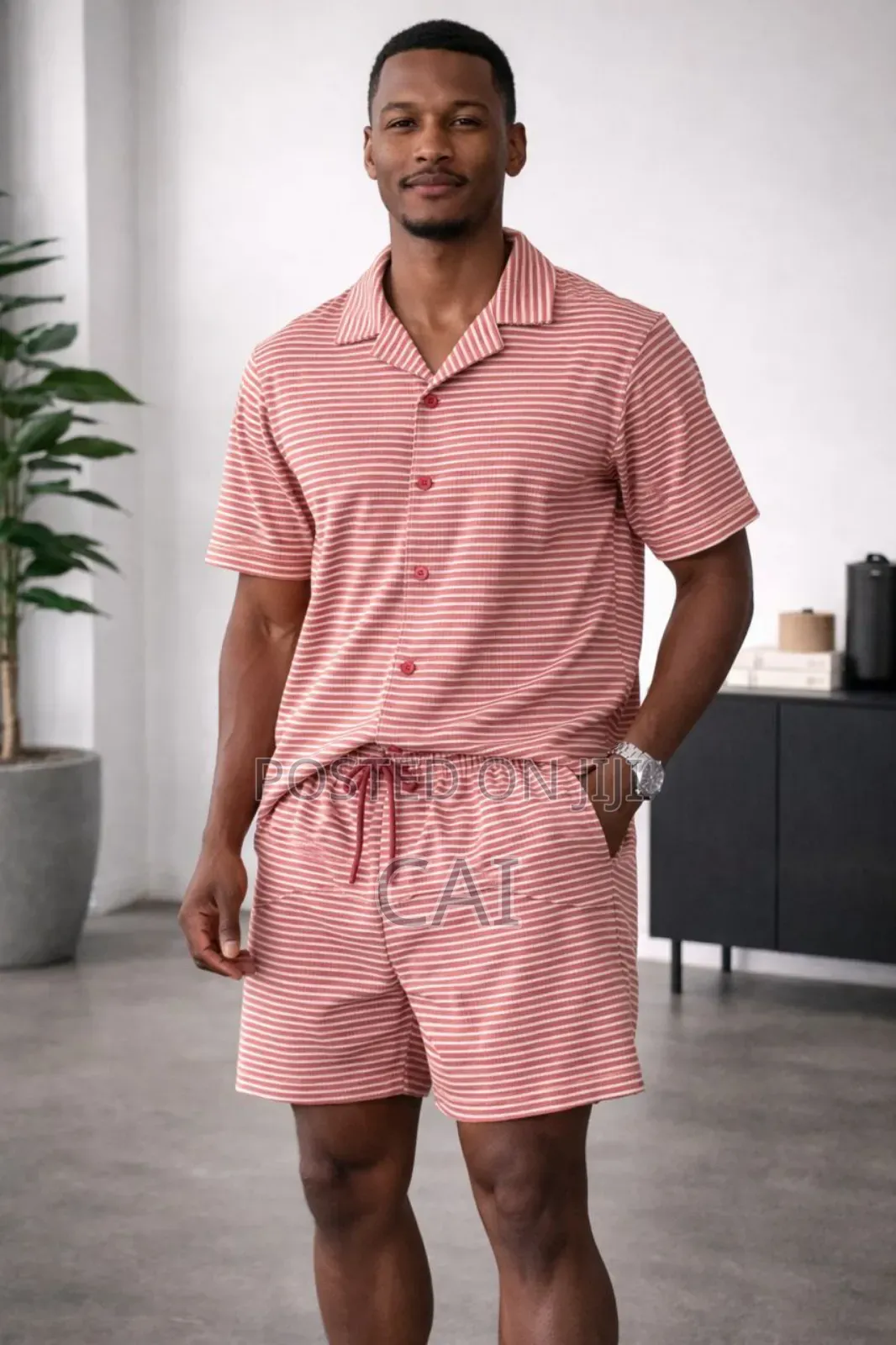 Serena Striped Short-Sleeve Button-Up Shirt and Matching Shorts Set.