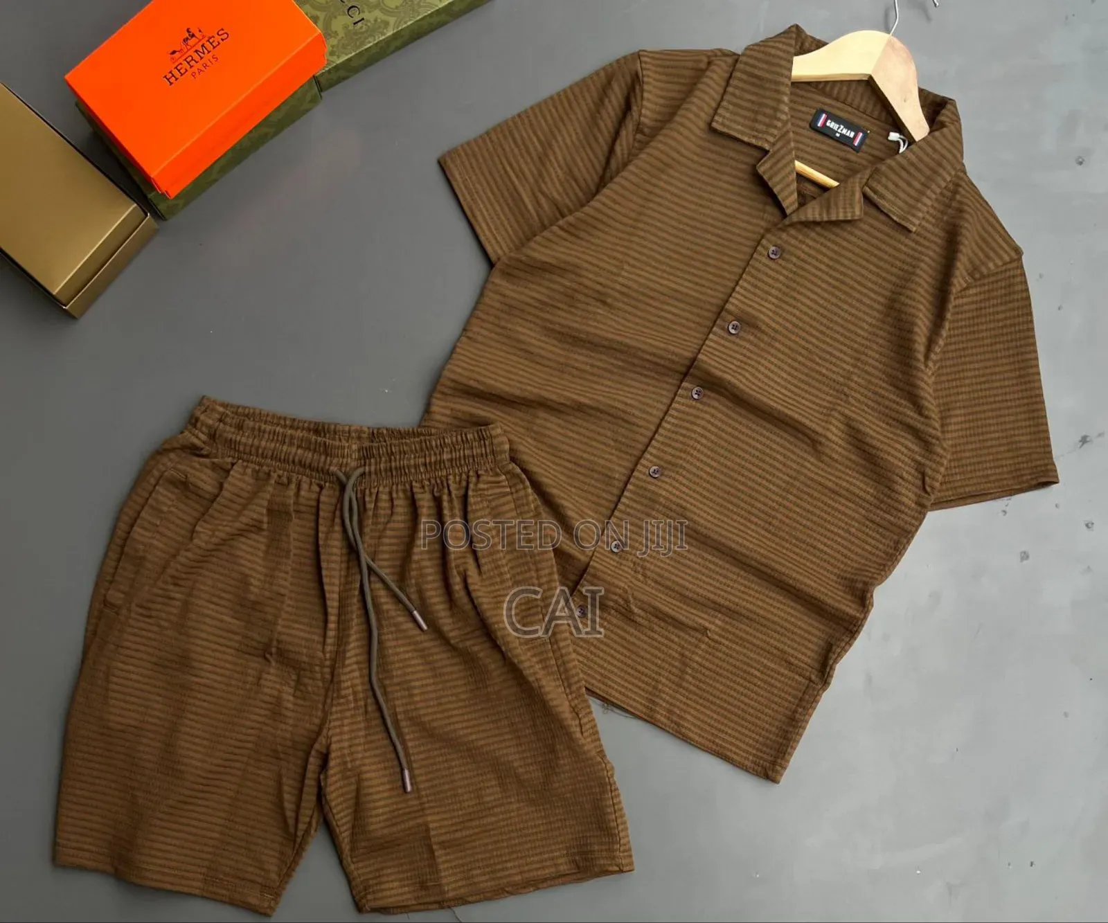 Serena Striped Short-Sleeve Button-Up Shirt and Matching Shorts Set.