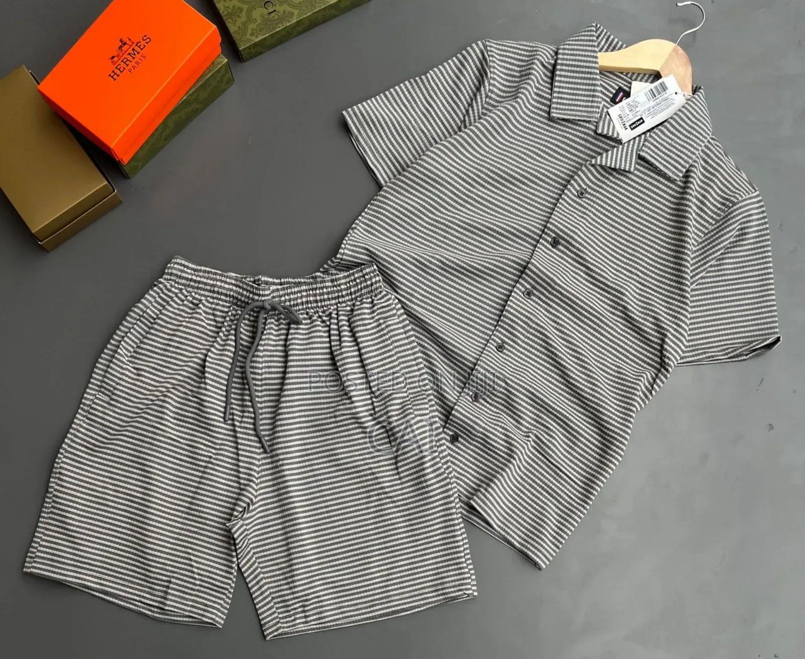 Serena Striped Short-Sleeve Button-Up Shirt and Matching Shorts Set.