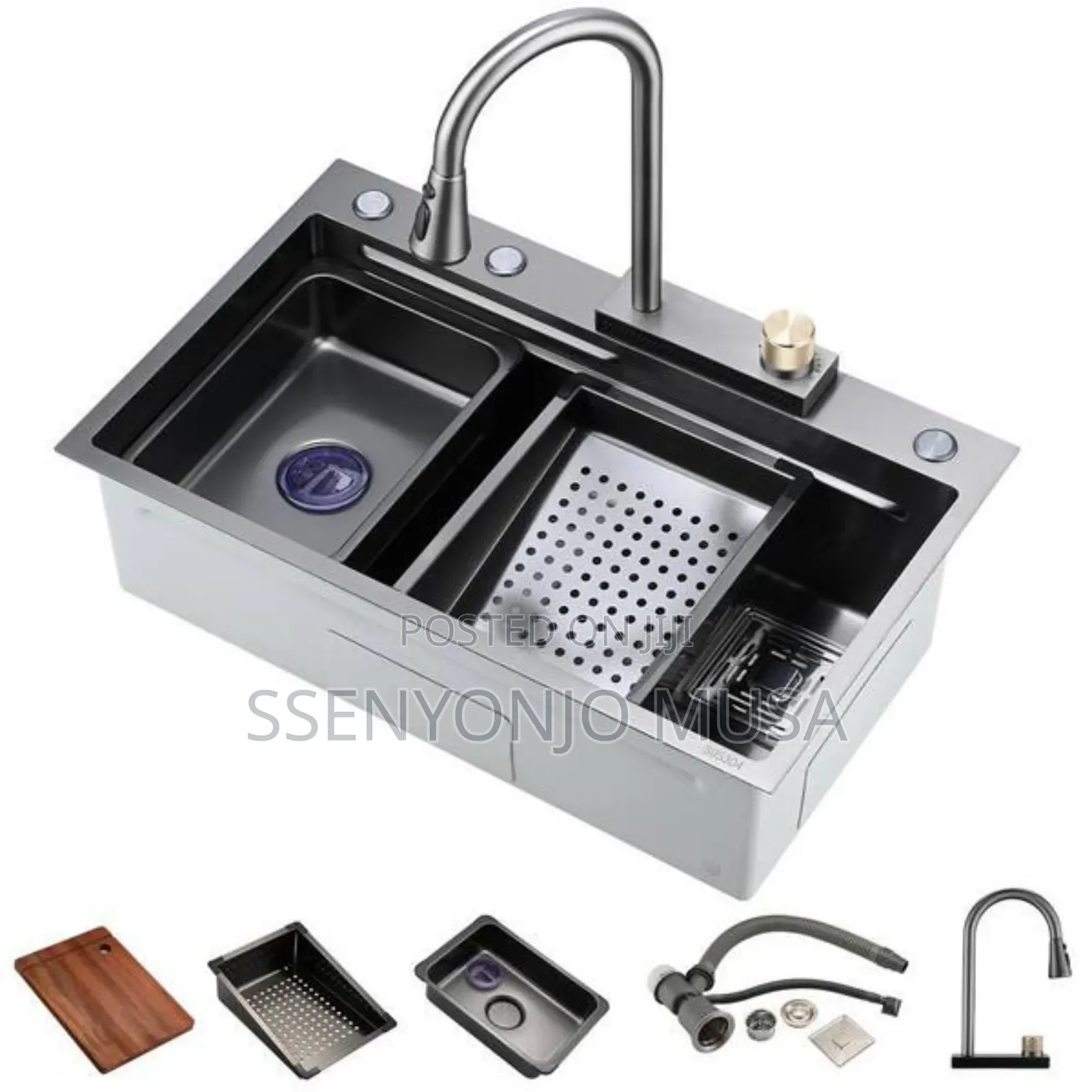 Electric Waterfall Kitchen Sink –304 Stainless Steel Black Nano Single