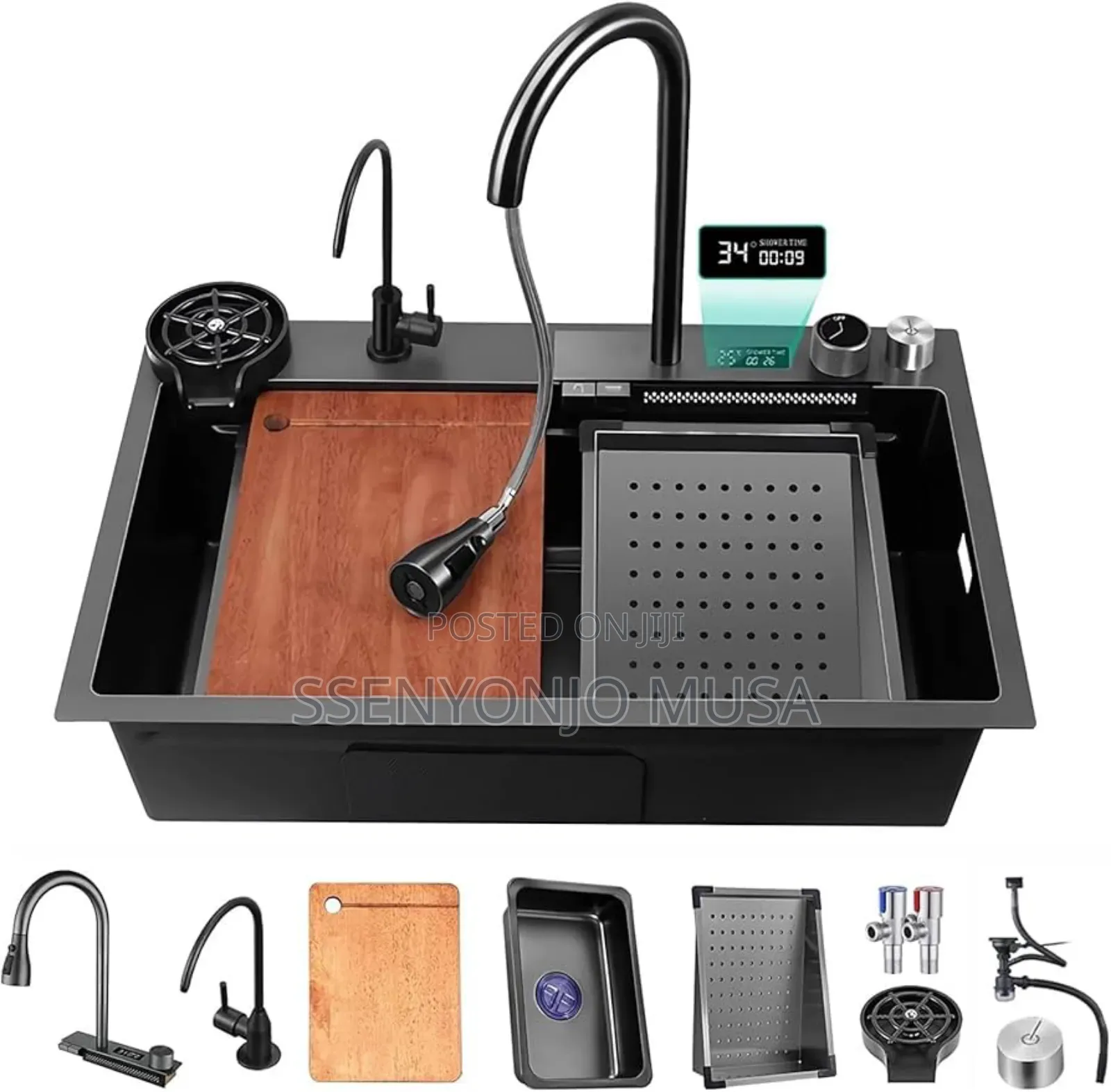 Electric Waterfall Kitchen Sink –304 Stainless Steel Black Nano Single