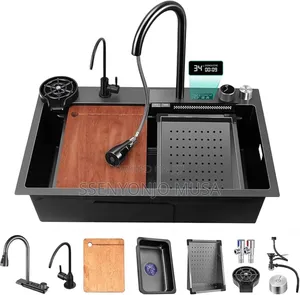 Electric Waterfall Kitchen Sink –304 Stainless Steel Black Nano Single