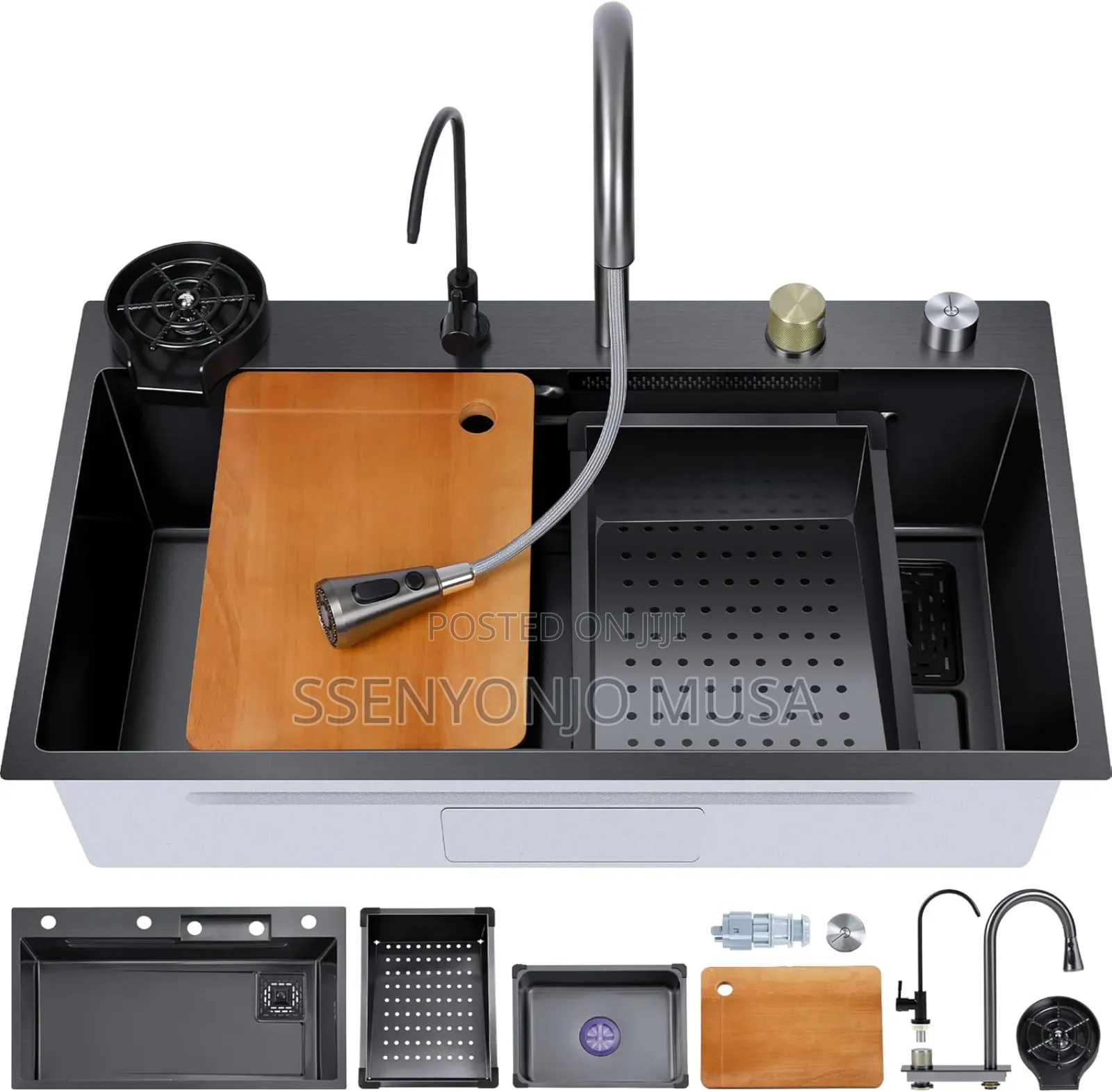 Electric Waterfall Kitchen Sink –304 Stainless Steel Black Nano Single