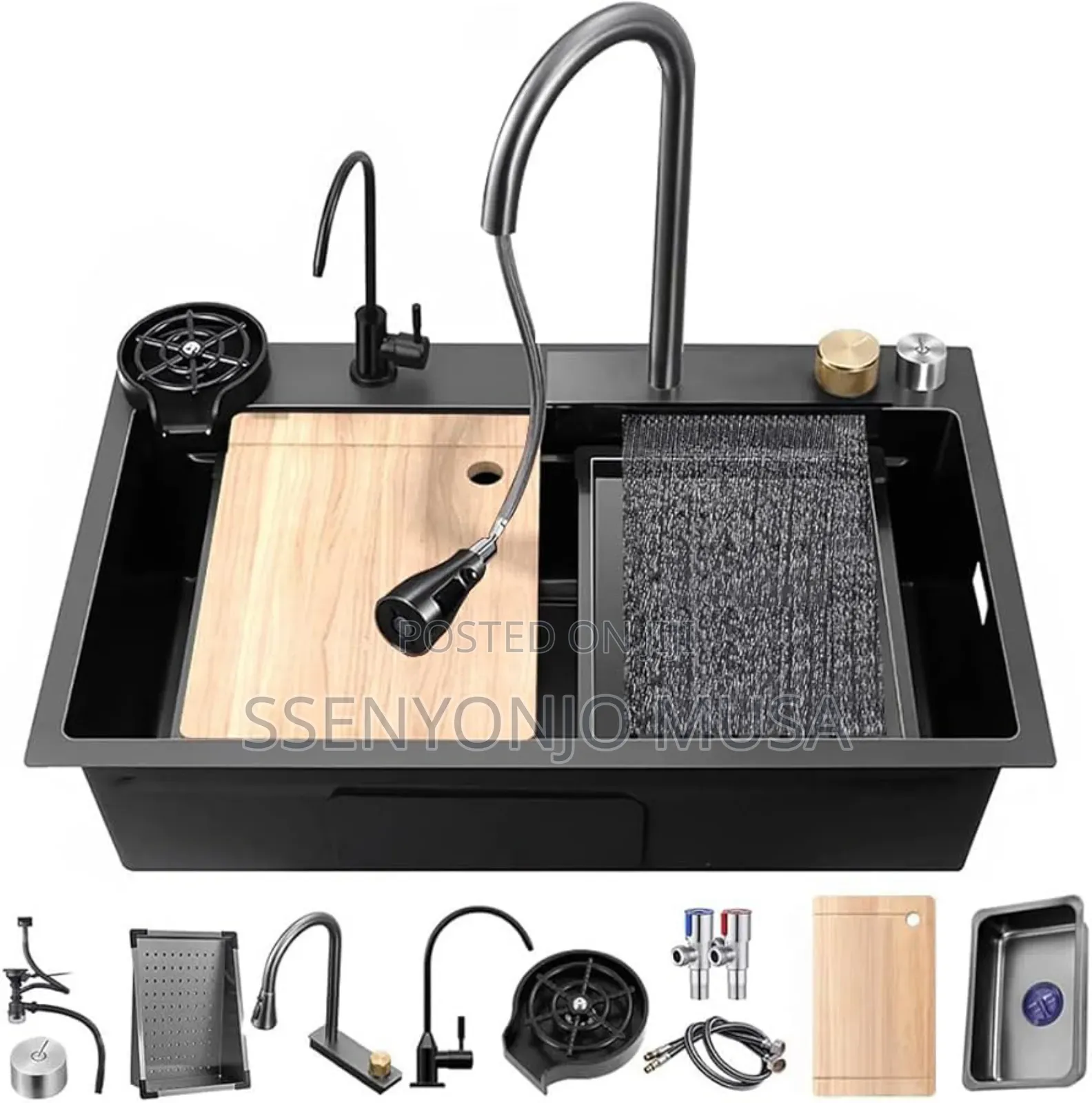 Electric Waterfall Kitchen Sink –304 Stainless Steel Black Nano Single