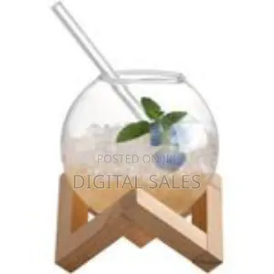 Modern Spherical Glass Beverage Vessel With Geometric Wooden Stand