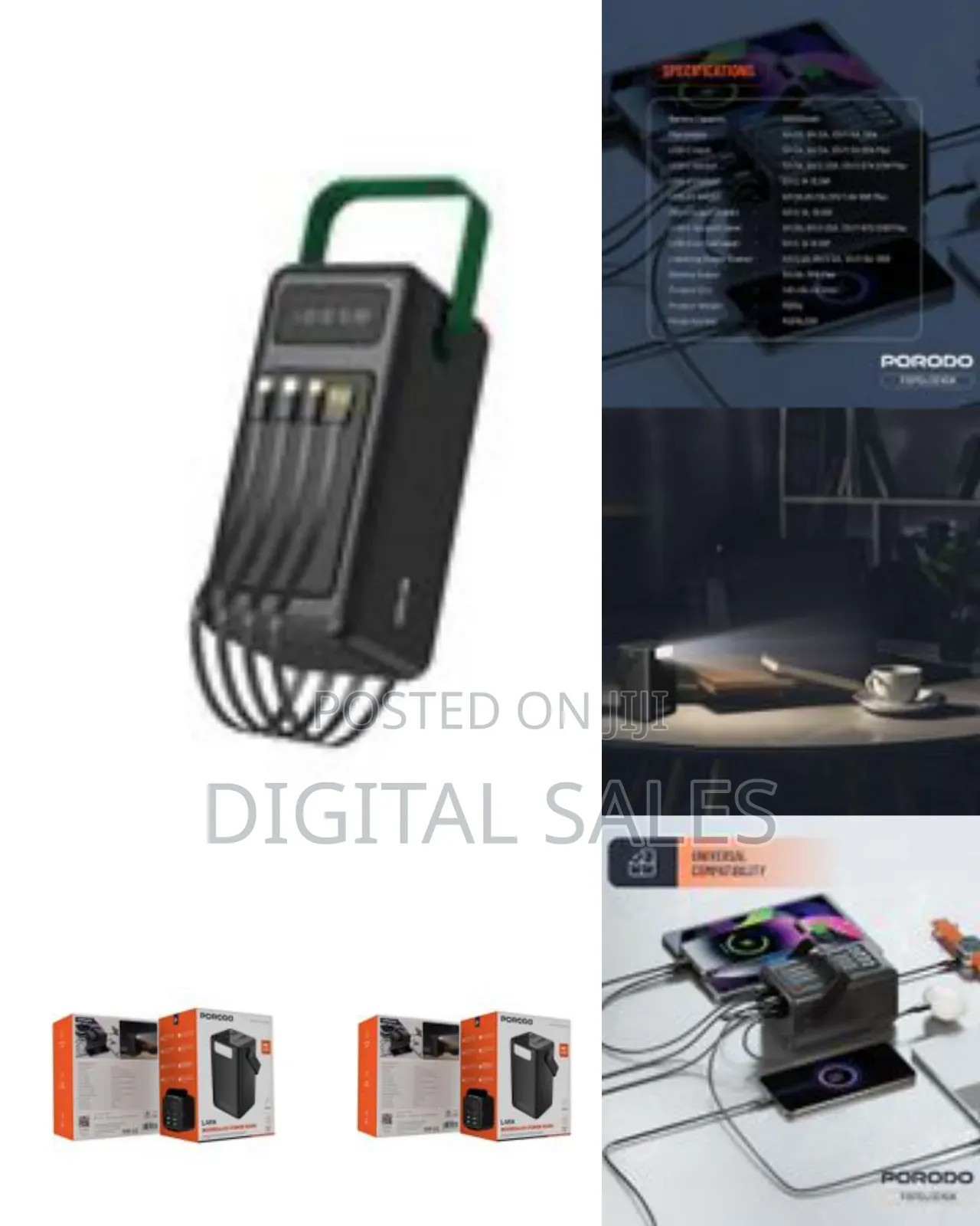 Porodo Lara Ultra-Capacity Power Bank With Integrated Cables and Flash