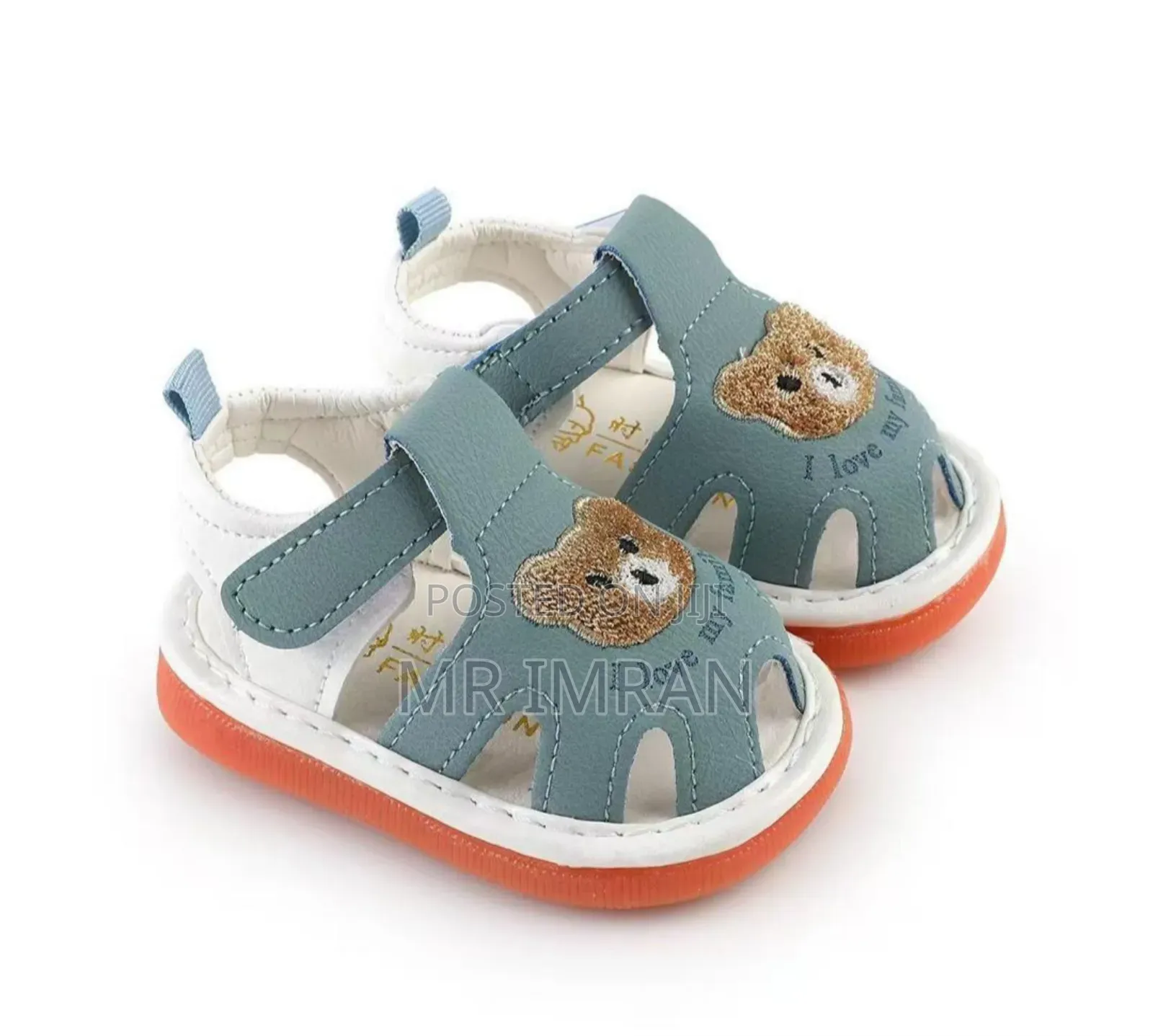Blue and White Infant or Toddler Closed-Toe Sandals With a Teddy Bear