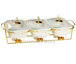 3-Piece Chafing Dish Set | Golden Ceramic Chafer With Marble