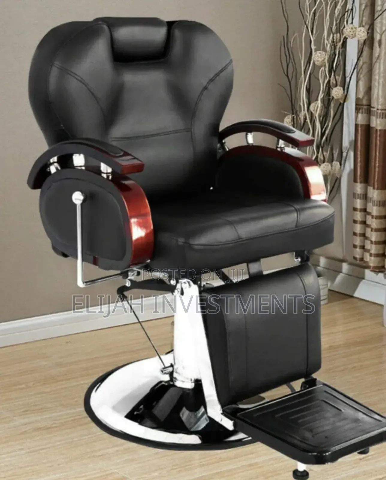 Black Barber Chair With Wooden Armrests