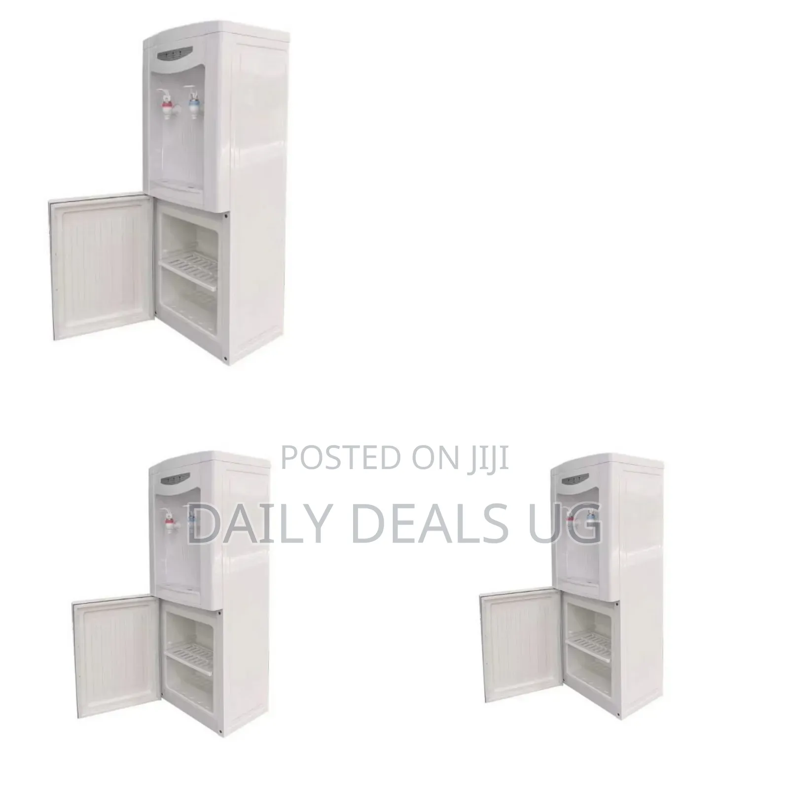 A Top-Loading Hot and Cold Water Dispenser With a Storage Cabinet