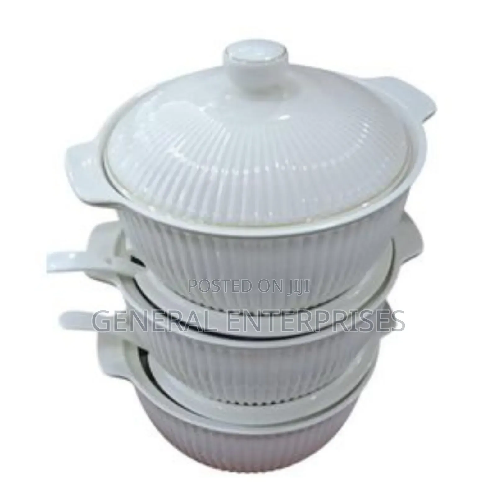 Set of Three White Ribbed Ceramic Serving Bowls With Lids.