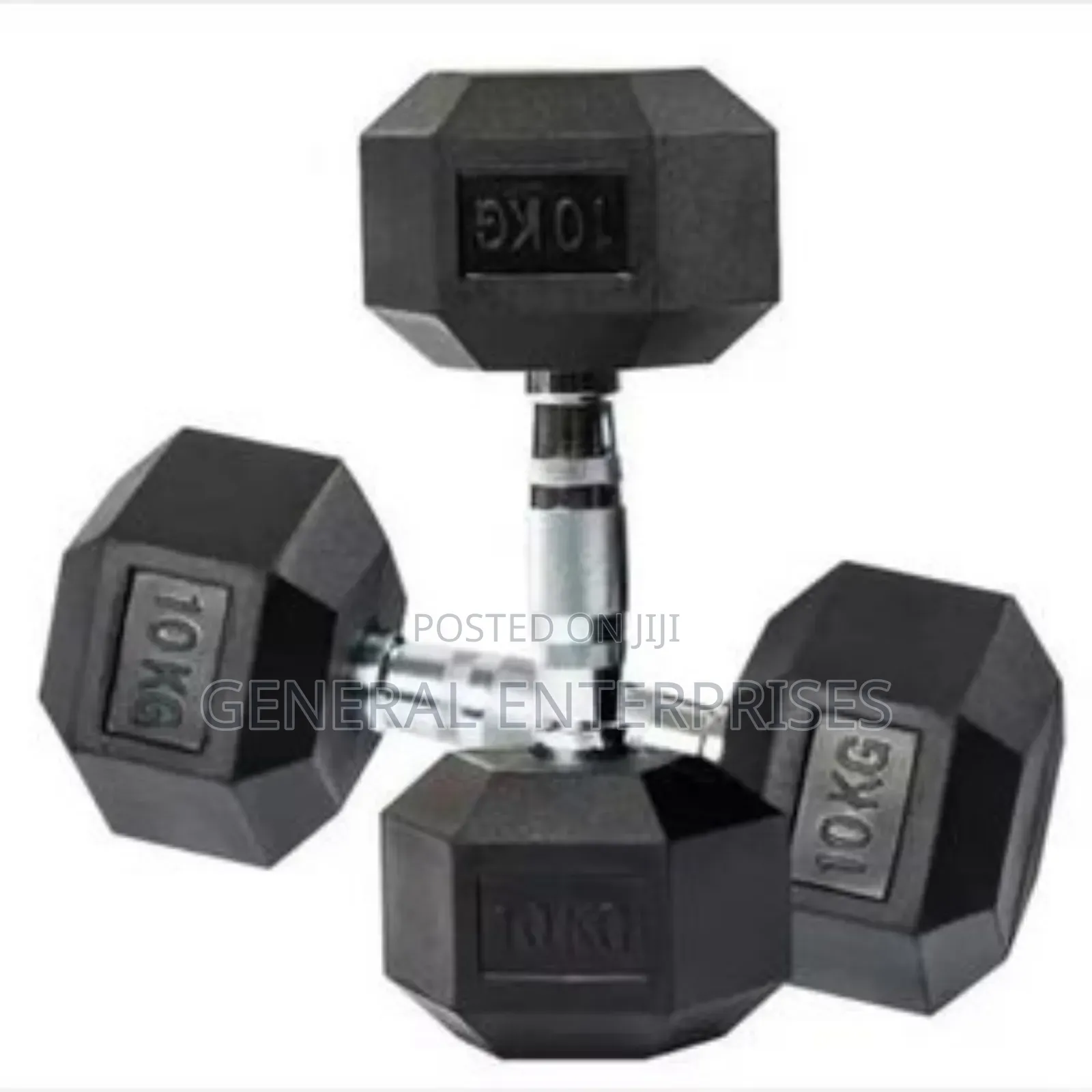 Pair of 10kg Rubber-Coated Hex Dumbbells.