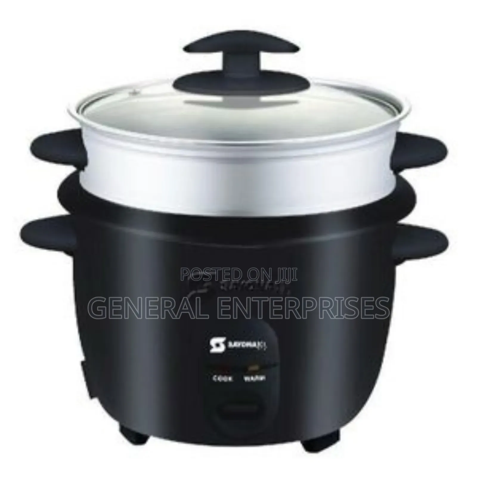 Black Electric Rice Cooker With A Steamer Attachment.