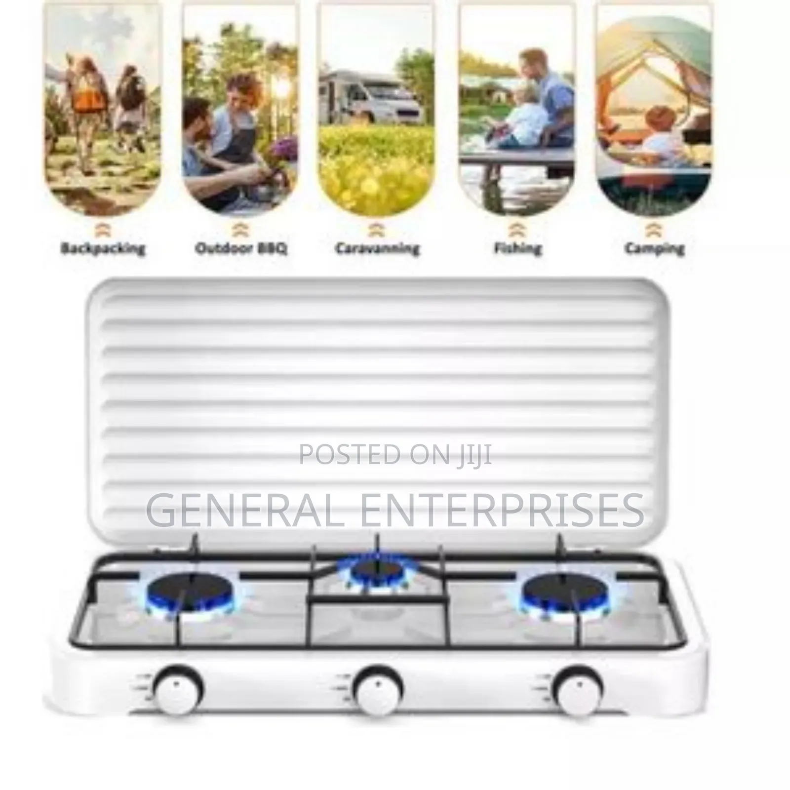Portable, Three-Burner Gas Camping Stove With a Lid.