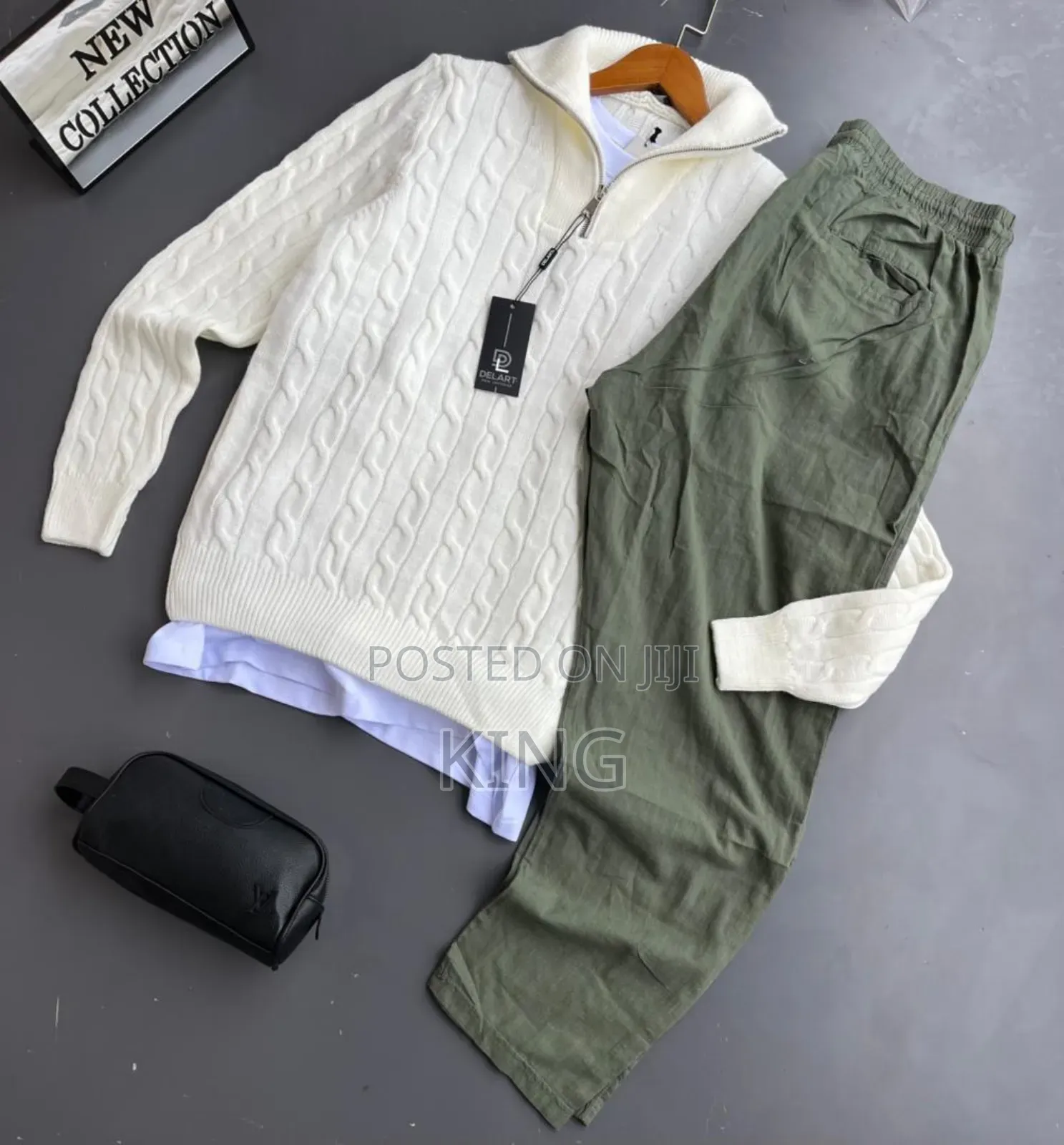 Men's Outfit Knit Quarter-Zip Sweater and Linen Pants