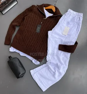 Men's Outfit Knit Quarter-Zip Sweater and Linen Pants