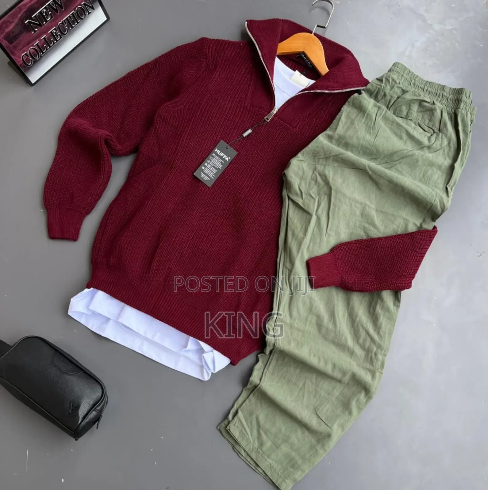 Men's Outfit Knit Quarter-Zip Sweater and Linen Pants