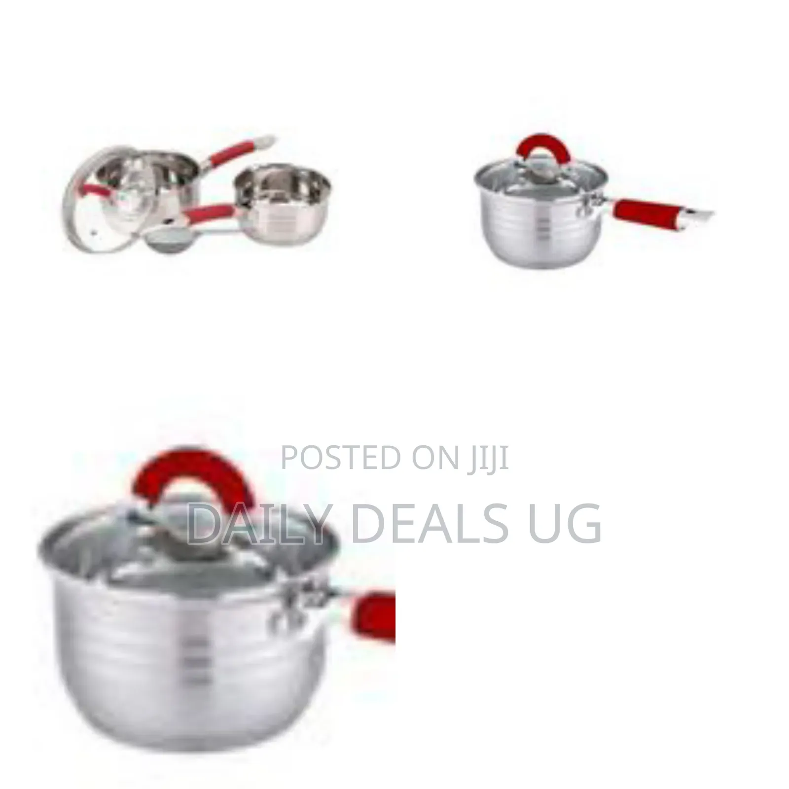 4-Piece Set of Stainless Steel Pan With a Glass Lid and Red