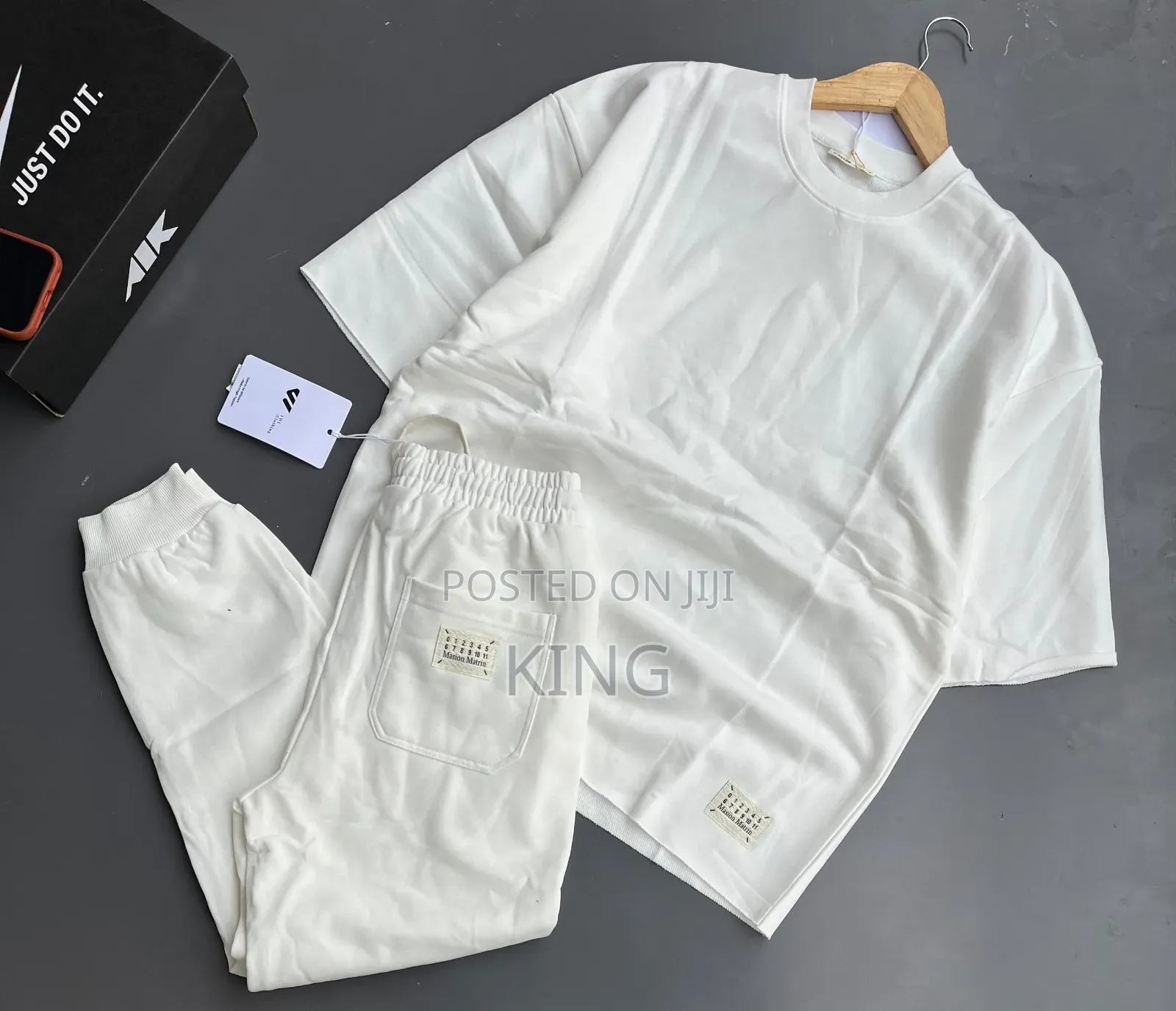 White Men's Waffle Knit T-Shirt and Pants Set.