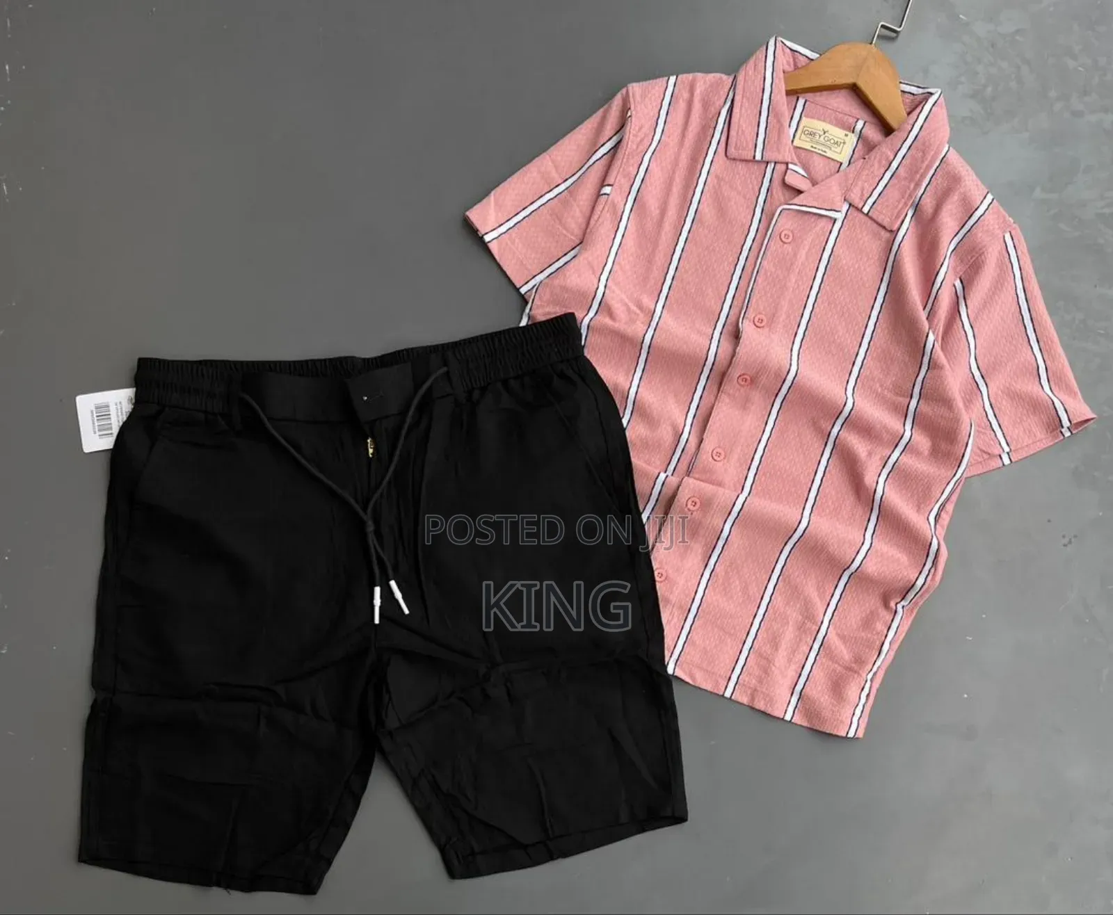Men's Striped Short-Sleeve Shirt and Black Shorts Co-Ord Set.