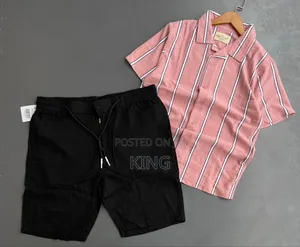 Men's Striped Short-Sleeve Shirt and Black Shorts Co-Ord Set.