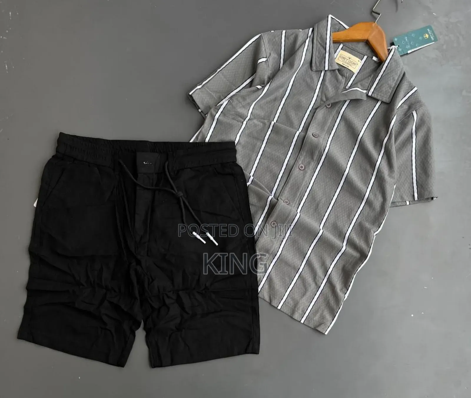 Men's Striped Short-Sleeve Shirt and Black Shorts Co-Ord Set.