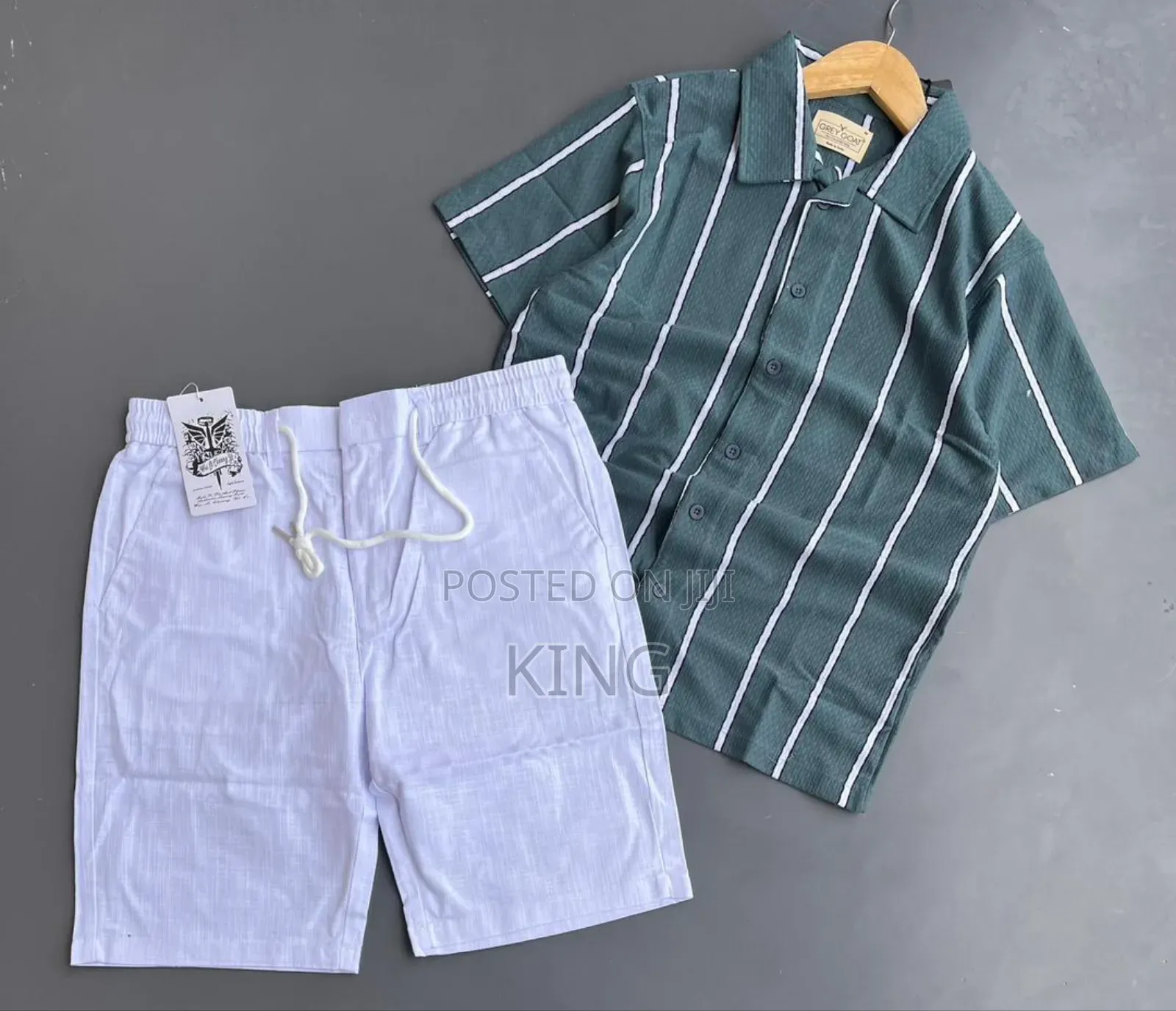Men's Striped Short-Sleeve Shirt and Black Shorts Co-Ord Set.