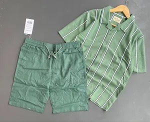 Men's Striped Short-Sleeve Shirt and Black Shorts Co-Ord Set.