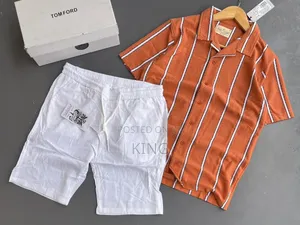 Men's Striped Short-Sleeve Shirt and Black Shorts Co-Ord Set.