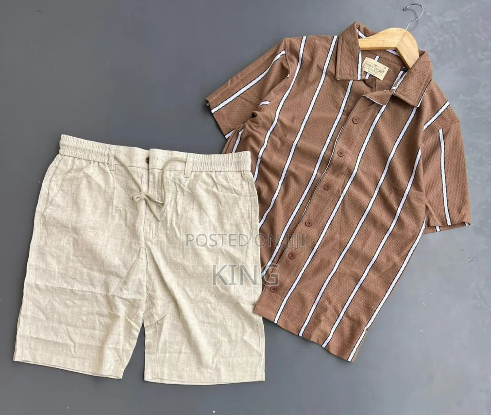 Men's Striped Short-Sleeve Shirt and Black Shorts Co-Ord Set.