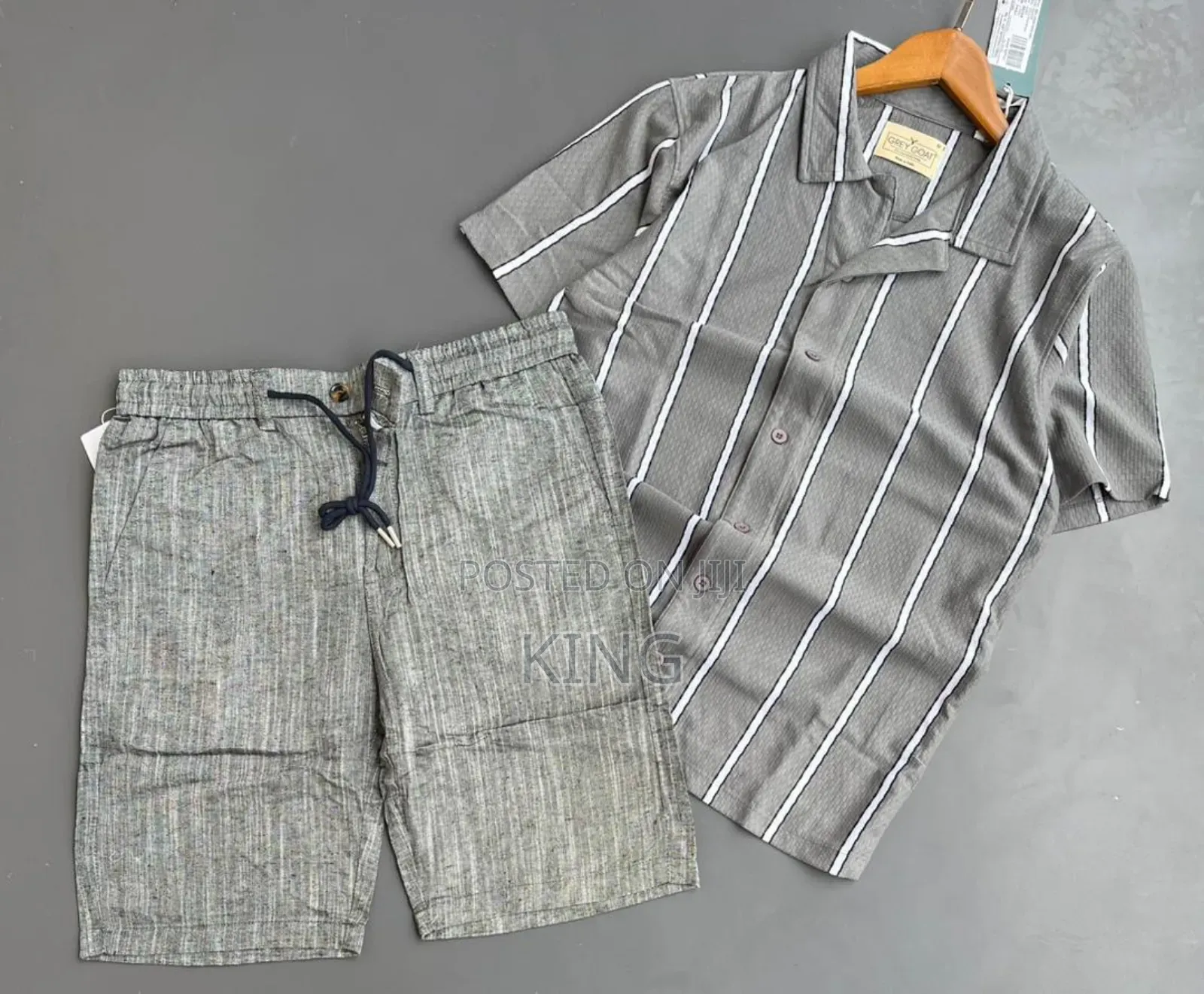Men's Striped Short-Sleeve Shirt and Black Shorts Co-Ord Set.