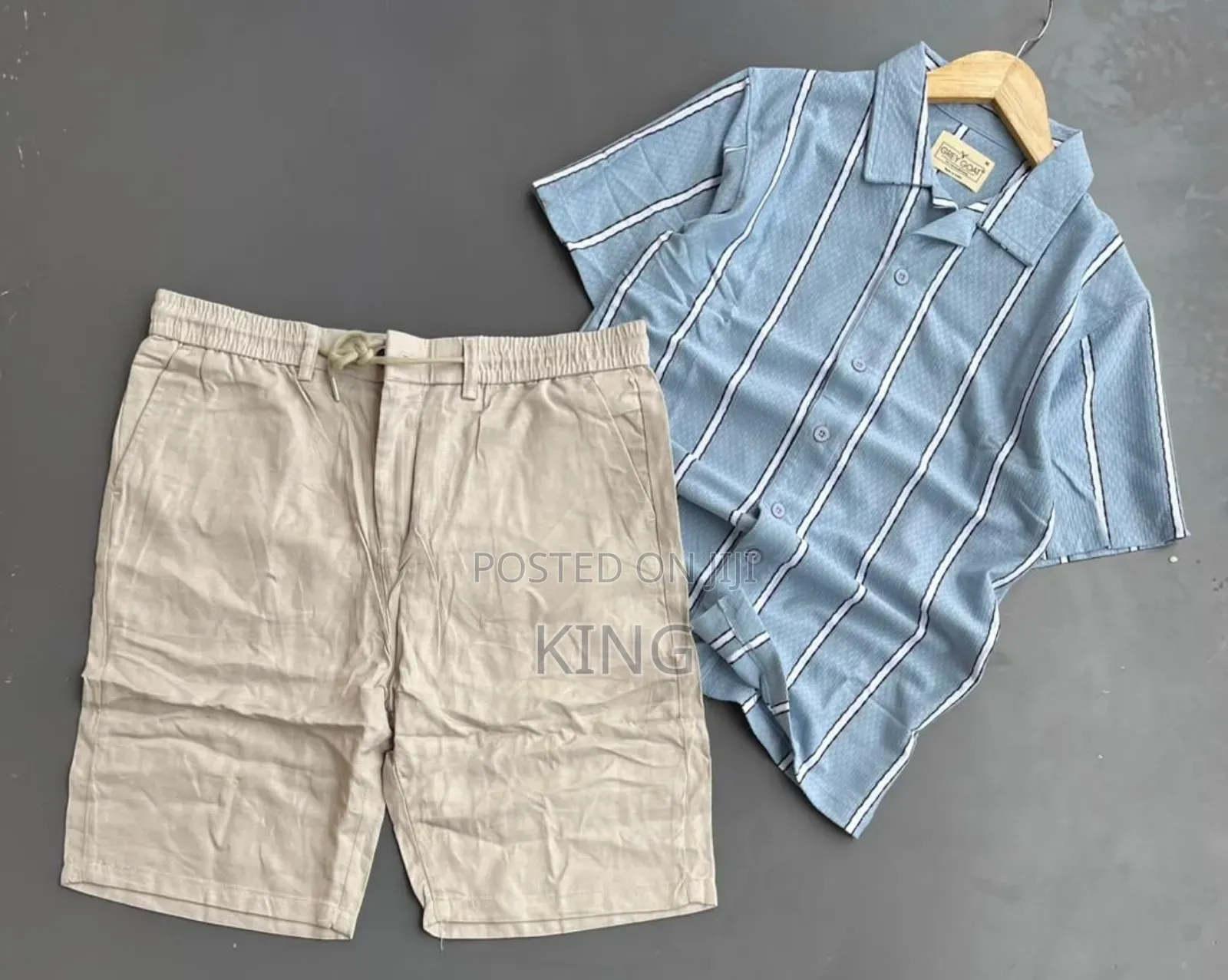 Men's Striped Short-Sleeve Shirt and Black Shorts Co-Ord Set.