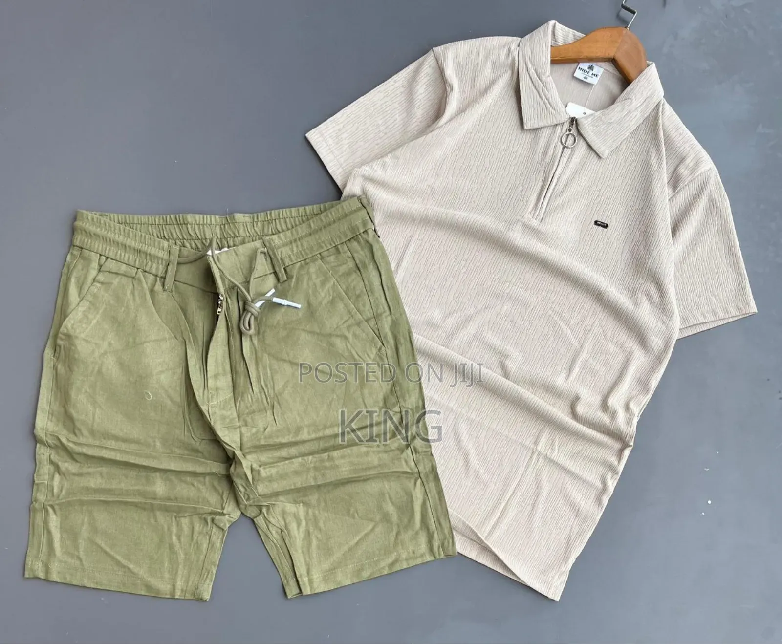 Men's Striped Short-Sleeve Shirt and Black Shorts Co-Ord Set.