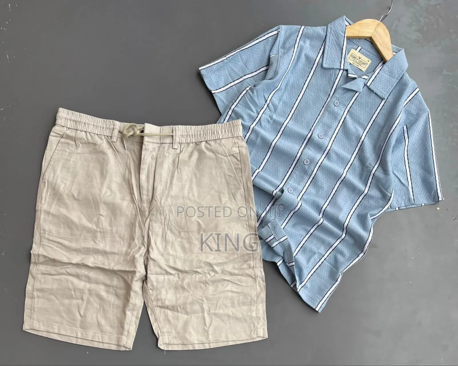 Men's Striped Short-Sleeve Shirt and Black Shorts Co-Ord Set.