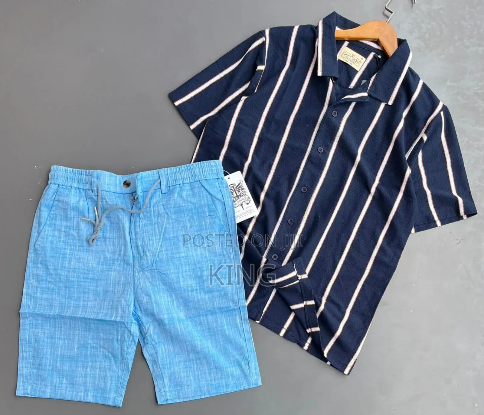 Men's Striped Short-Sleeve Shirt and Black Shorts Co-Ord Set.