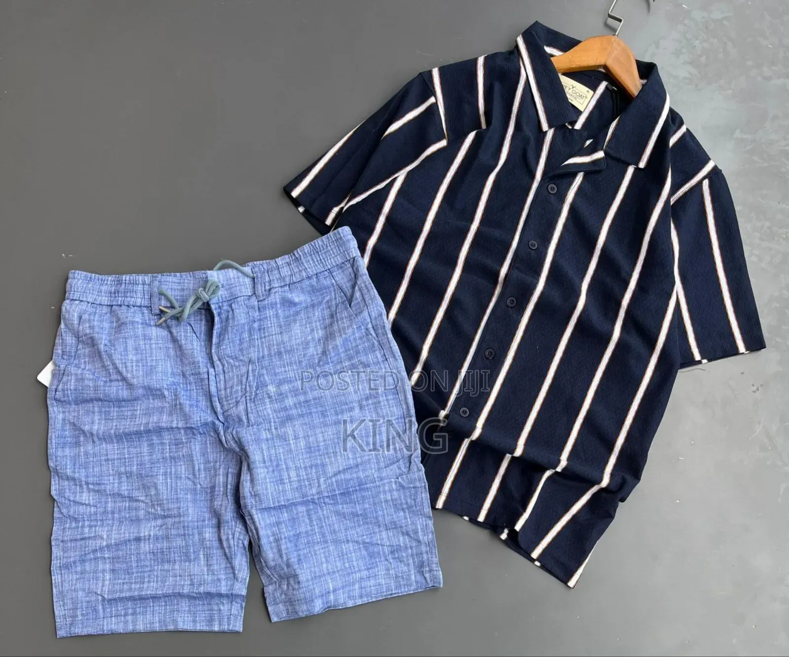 Men's Striped Short-Sleeve Shirt and Black Shorts Co-Ord Set.